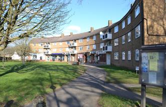 The crescent of shops, Anstey Way. Photo: Andrew Roberts, 11 February 2021.