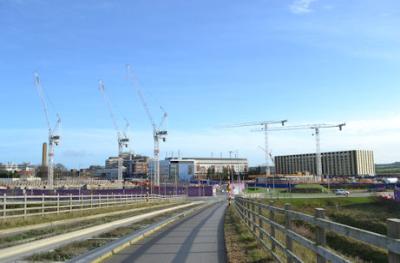 Construction work on the AstraZeneca and Papworth sites, from busway bridge, Cambridge Biomedical Campus, 20 December 2015.