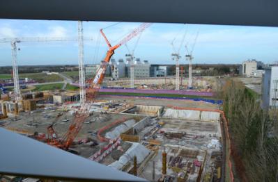 Construction work on the AstraZeneca and Papworth sites, from the car park, Cambridge Biomedical Campus, 20 December 2015.