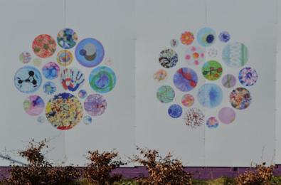 Panels forming part of the Science in Pictures art project around the AstraZeneca site, developed by AstraZeneca and local schools. Photo: Andrew Roberts, 28 January 2016.