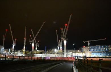 Looking from the Busway bridge towards the Cambridge Biomedical Campus at night, with AstraZeneca and Papworth Hospital. Photo: Andrew Roberts, 30 January 2017.
