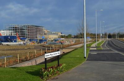 Dame Mary Archer Way, off Addenbrooke�s Road, with new car park in background. Photo: Andrew Roberts, 8 December 2013.