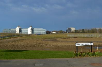 Looking across the CBC site towards LBM from Dame Mary Archer Way, off Addenbrooke�s Road. Photo: Andrew Roberts, 8 December 2013.