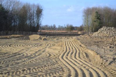 Looking from the track from the allotments to the railway along the line of the spine road towards the cut through the trees along the guided busway. Photo: Andrew Roberts, 10 March 2011.