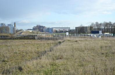 Looking from the path to the rear of Foster Road towards the new square and busway bridge, Clay Farm, 8 December 2014.