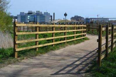 The approach to the CGB crossing on the path from Foster Road to Addenbrooke’s. Photo: Andrew Roberts, 10 April 2011.