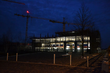 Lights during construction, early evening, the Clay Farm Centre, 19 December 2015.