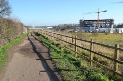 The path from Foster Road to Addenbrooke's Hospital, with the Clay Farm Centre. Photo: Andrew Roberts, 16 February 2016.