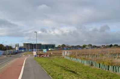 Looking from Addenbrooke’s Road near Hobson’s Brook across the Paragon area, Showground, Clay Farm, towards the Seven Acres development. Photo: Andrew Roberts, 3 November 2012.