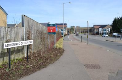 The Addenbrooke's Road sign and Abode development from the Shelford Road junction. Photo: Andrew Roberts, 13 March 2017.