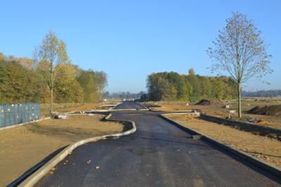 Looking north along the spine road from the track, Clay Farm. Photo: Andrew Roberts, 29 October 2011.