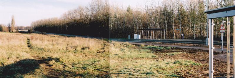 From the Guided Busway bus stop, along the line and across the Clay Farm fields. Photo: Andrew Roberts, 11 December 2010.
