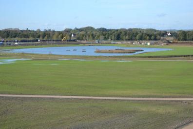 Looking across the new park from the Addenbrooke’s Road bridge, Clay Farm. Photo: Andrew Roberts, 30 October 2013.