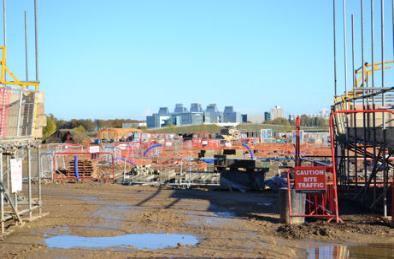 Looking towards the LMB building, with new homes under construction on the Adode development, Clay Farm. Photo: Andrew Roberts, 10 November 2013.