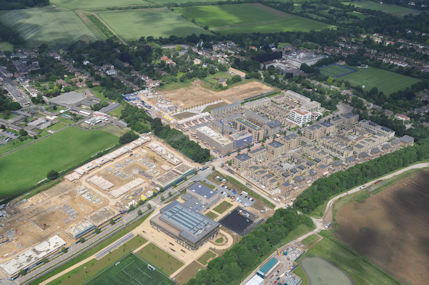 Aerial photograph of the Clay Farm development, including Aura, Halo, Trumpington Community College. Countryside Properties, June 2016.