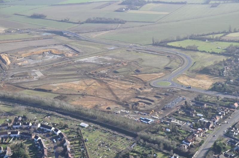 Aerial photograph of Clay Farm showing the Showground area from the north west, with infrastructure work underway. Source: Patrick Squire for Tamdown, 7 February 2011.