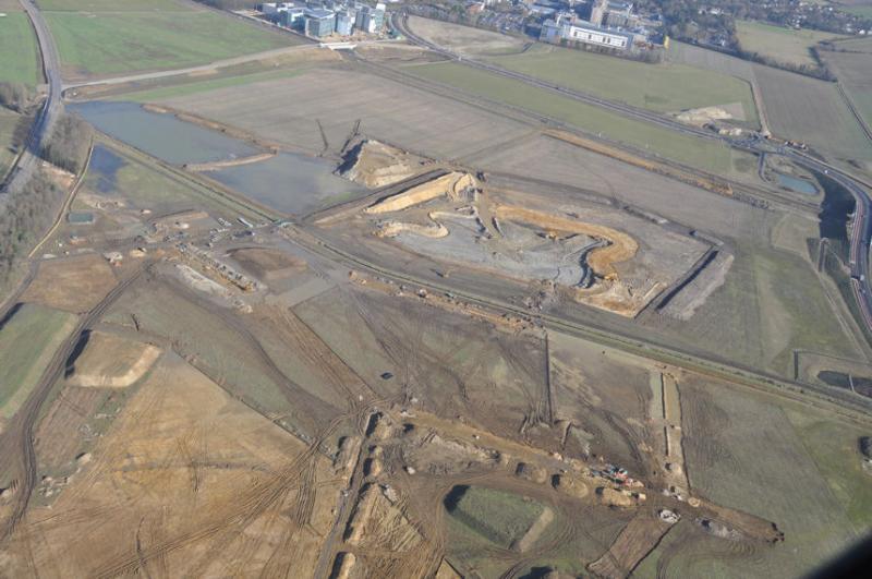 Aerial photograph of Clay Farm from the south west, showing infrastructure work in the green corridor. Source: Patrick Squire for Tamdown, 7 February 2011.