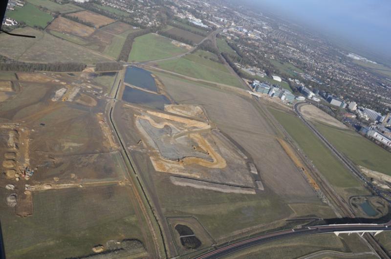 Aerial photograph of Clay Farm from the south, at an early stage in the infrastructure work to create the country park.. Source: Patrick Squire for Tamdown, 7 February 2011.