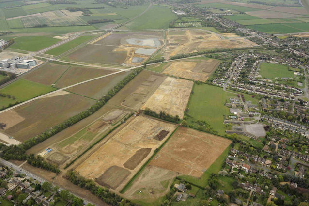 Aerial view of Clay Farm looking south from Long Road to Addenbrooke’s and Trumpington. Source: Oxford Archaeology East, 13 April 2011.
