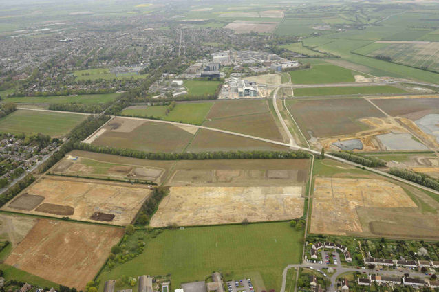 Aerial view of Clay Farm looking east from Trumpington to Long Road and Addenbrooke’s. Source: Oxford Archaeology East, 13 April 2011. 