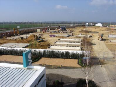 View across the site towards Addenbrooke’s Road and Hauxton Road, from the roof of the Glebe Farm show home. Photo: Elizabeth Rolph, 2 April 2012.