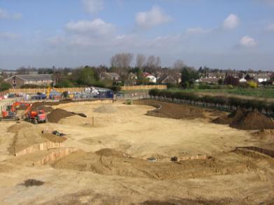 View across the site and play area towards Bishop’s Road, from the roof of the Glebe Farm show home. Photo: Elizabeth Rolph, 2 April 2012.