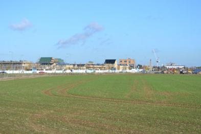 Looking from the junction of Hauxton Road and Addenbrooke’s Road along the south side of the Glebe Farm development towards Addenbrooke’s Hospital. Photo: Andrew Roberts, 11 November 2012.
