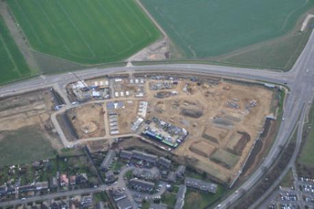 Aerial view of Glebe Farm, with Addenbrooke’s Road to the top and Hauxton Road to the right. Source: Tamdown, 19 March 2012.