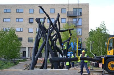 Constructing the 'Bronze House' sculpture in Hobson Square. Photo: Andrew Roberts, 4 May 2017.