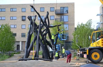 Constructing the 'Bronze House' sculpture in Hobson Square. Photo: Andrew Roberts, 4 May 2017.
