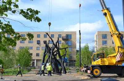 Constructing the 'Bronze House' sculpture in Hobson Square. Photo: Andrew Roberts, 4 May 2017.