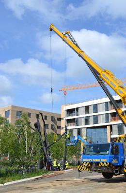 Constructing the 'Bronze House' sculpture in Hobson Square. Photo: Andrew Roberts, 4 May 2017.