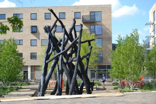 The completed framework of the 'Bronze House' sculpture in Hobson Square. Photo: Andrew Roberts, 5 May 2017.