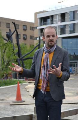 Andy Robinson talking about the 'Bronze House' sculpture in Hobson Square. Photo: Andrew Roberts, 5 May 2017.