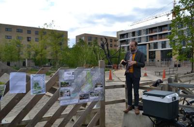 Andy Robinson talking about the 'Bronze House' sculpture in Hobson Square. Photo: Andrew Roberts, 5 May 2017.