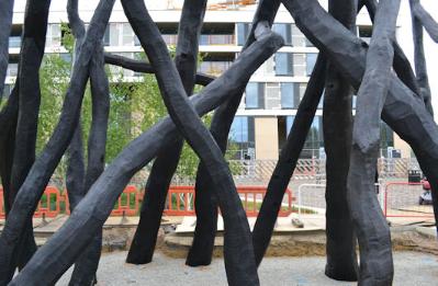 Looking around the 'Bronze House' sculpture in Hobson Square, immediately after its construction. Photo: Andrew Roberts, 5 May 2017.