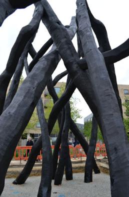 Close-up view of the 'Bronze House' sculpture in Hobson Square, immediately after its construction. Photo: Andrew Roberts, 5 May 2017.