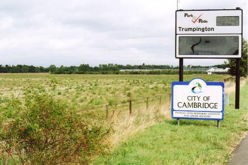 The Trumpington Meadows site, looking across the former PBI fields towards the Park & Ride site, with signs for Cambridge and the P&R site. Andrew Roberts, 20 September 2007.