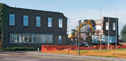 Demolition of the main building of the former Plant Breeding Institute in Trumpington, Cambridge. Photo: Stephen Brown, March 2009.