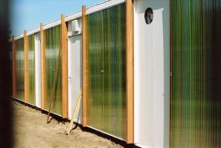 Detail of panelling on the Pavilion changing rooms, before the green grill is added, 14 June 2009.