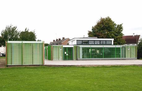 Trumpington Pavilion: the main building and changing rooms from the patio, 29 July 2009. Photo: Stephen Brown.