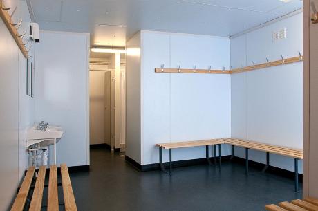 Trumpington Pavilion: the changing area in one of the changing rooms, 29 July 2009. Photo: Stephen Brown.