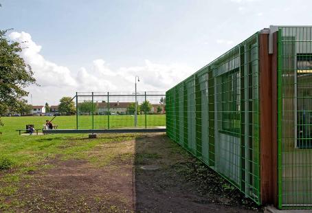 Trumpington Pavilion: north side of the building, with open gate, 8 August 2009. Photo: Stephen Brown.
