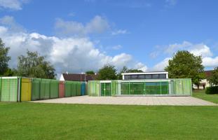 The rear of Trumpington Pavilion, hall and patio, 25 May 2014.