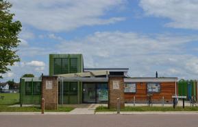 Trumpington Pavilion from Anstey Way, 30 June 2014.