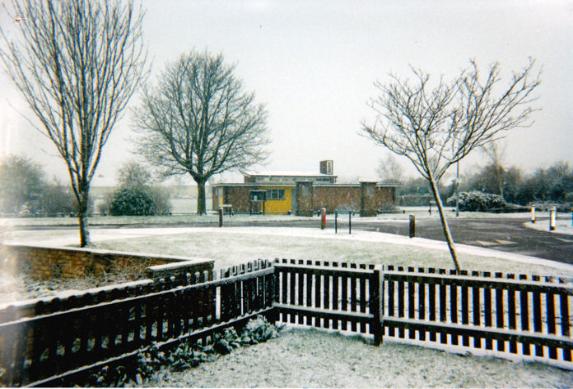 Before: the original Trumpington Pavilion, seen from a home in Anstey Way, c. 2009. Photograph by Marjorie Haylock.