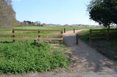 Access into Trumpington Meadows Country Park from Byron's Pool, 15 April 2015.
