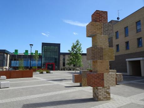 Hopscotch sculpture by Keith Wilson, in the local centre in front of Trumpington Meadows Primary School. Photo: Andrew Roberts, 22 May 2020.