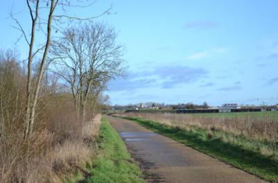 Looking along the path parallel with the coprolite pond towards Trumpington Church, Trumpington Meadows Country Park. Photo: Andrew Roberts, 7 February 2016.
