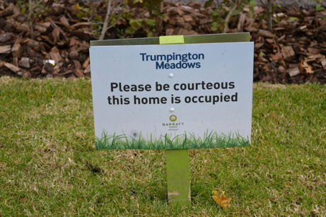 ‘Home occupied’ sign on Spring Drive, Trumpington Meadows. Photo: Andrew Roberts, 18 October 2012.